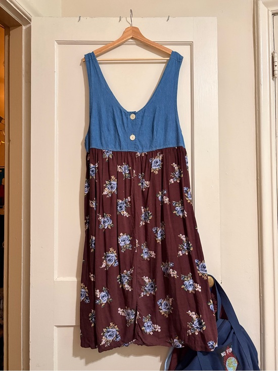 Vintage Dresses & Skirts - Vintage 90s Center Aisle Brown Floral & Denim Tank Midi Dress Plus Size 40/20W